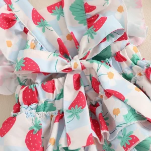 Toddler Girls Rompers Watermelon Polka Dot Print Round Neck Ruffle Sleeve Outfit